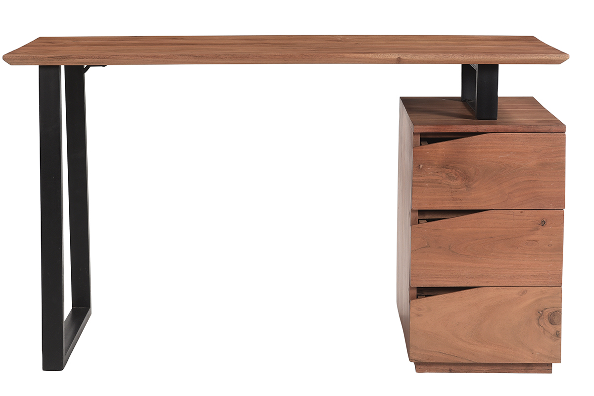 Escritorio de madera de acacia maciza y metal negro 3cajones 130cm HORACE