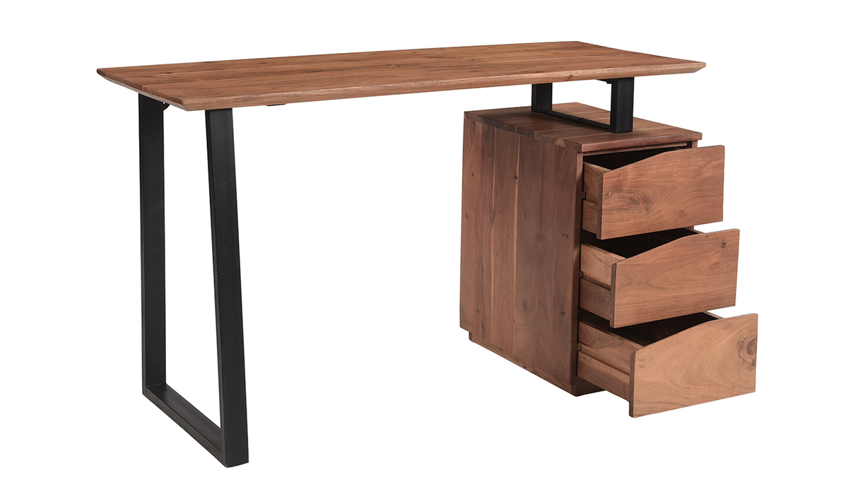 Escritorio de madera de acacia maciza y metal negro 3cajones 130cm HORACE