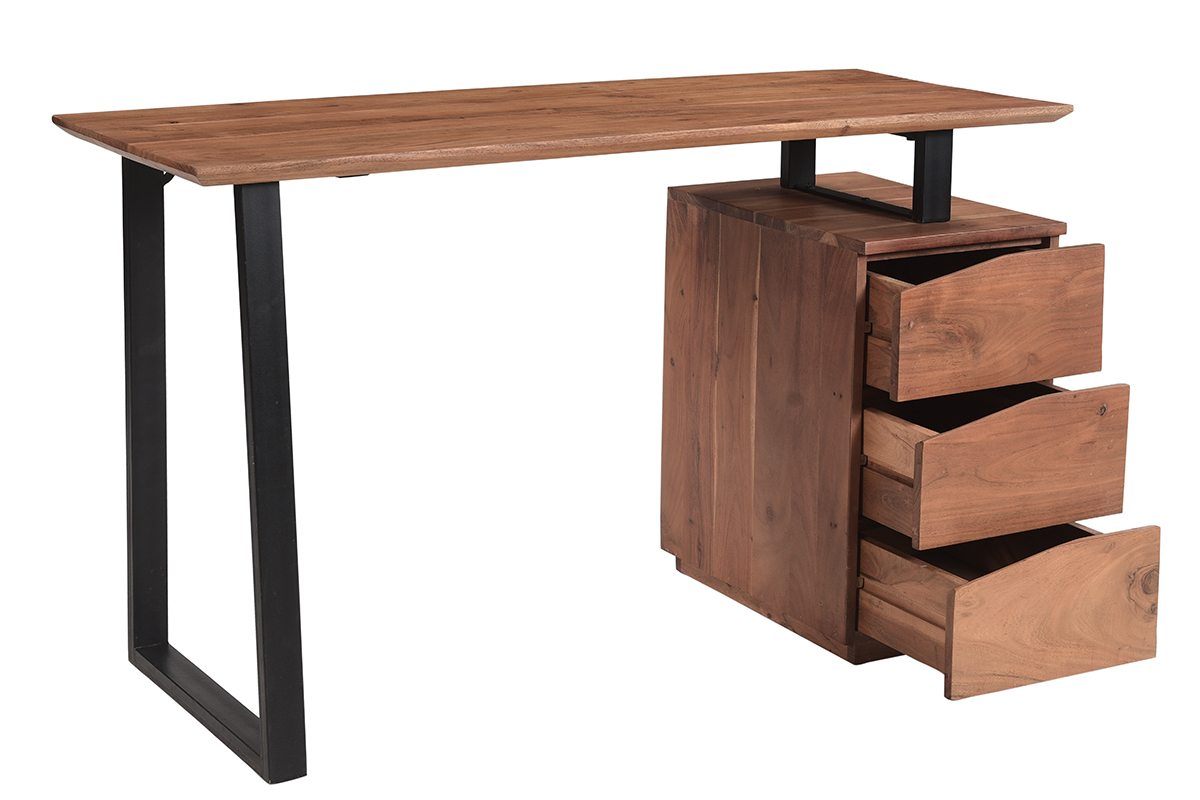 Escritorio de madera de acacia maciza y metal negro 3cajones 130cm HORACE