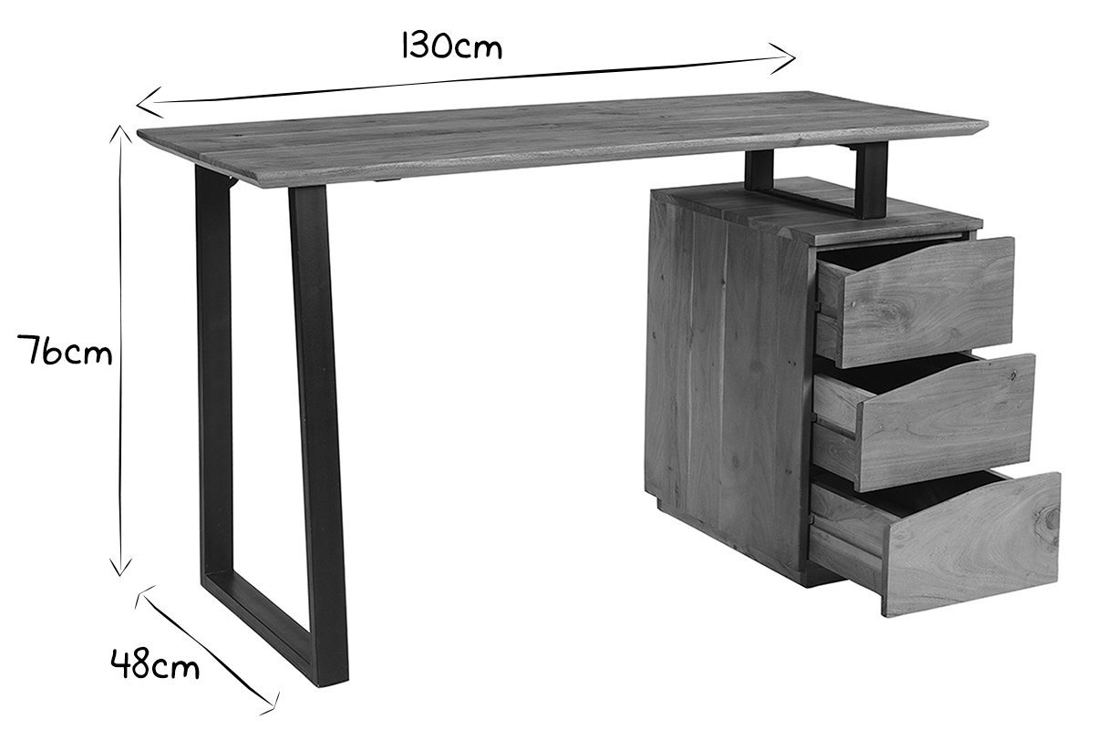 Escritorio de madera de acacia maciza y metal negro 3cajones 130cm HORACE