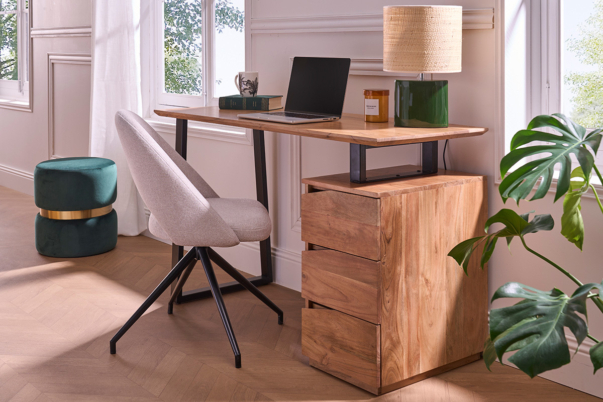 Escritorio de madera de acacia maciza y metal negro 3cajones 130cm HORACE
