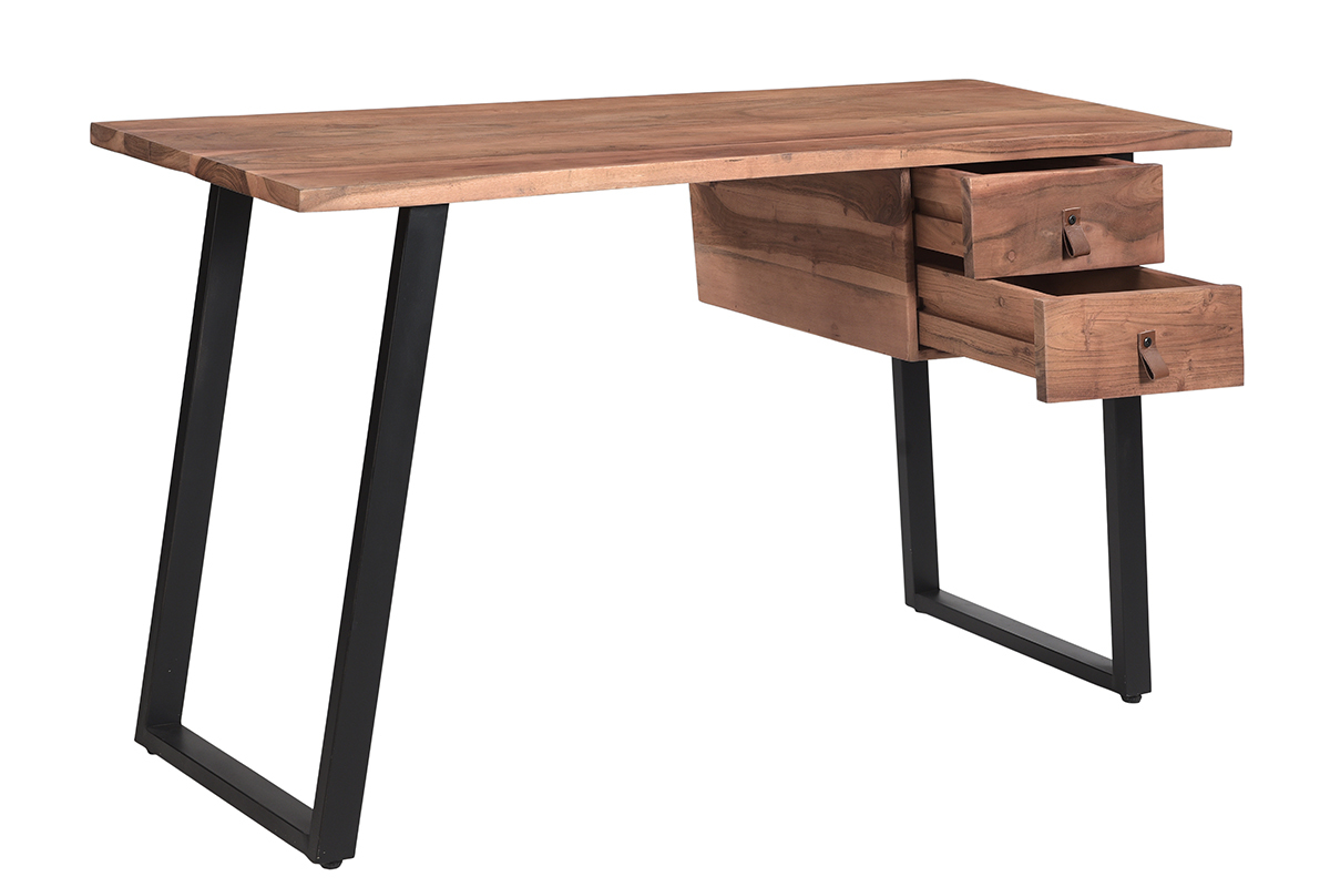 Escritorio de madera de acacia maciza y metal negro con cajones 140cm GINGER
