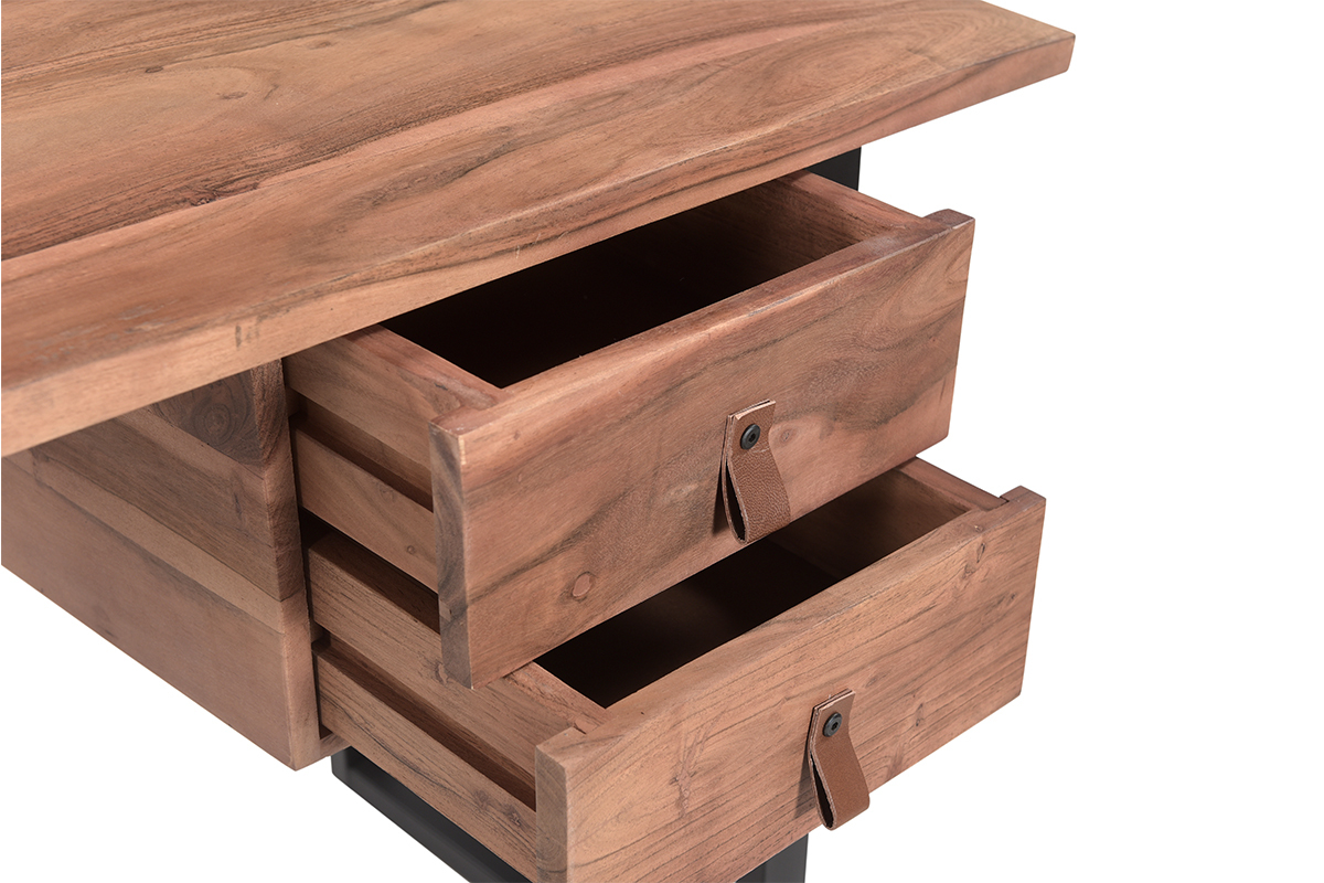 Escritorio de madera de acacia maciza y metal negro con cajones 140cm GINGER