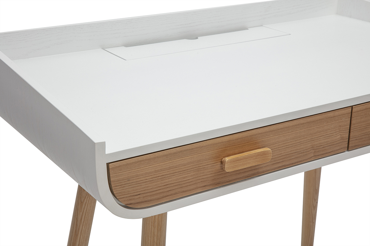 Escritorio escandinavo blanco y madera clara con almacenamiento 2 cajones L100 cm HALLEN