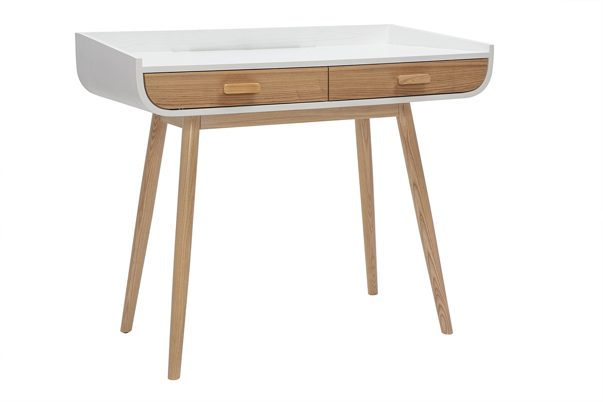 Escritorio escandinavo blanco y madera clara con almacenamiento 2 cajones L100 cm HALLEN