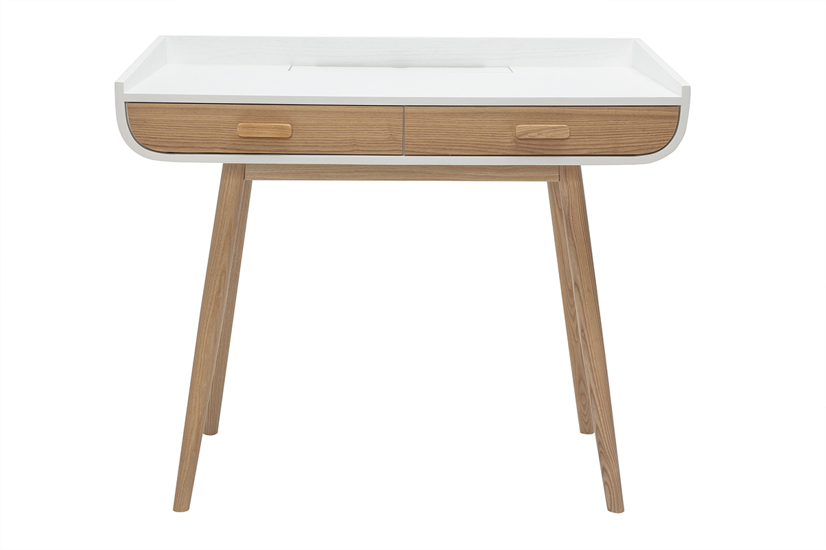 Escritorio escandinavo blanco y madera clara con almacenamiento 2 cajones L100 cm HALLEN
