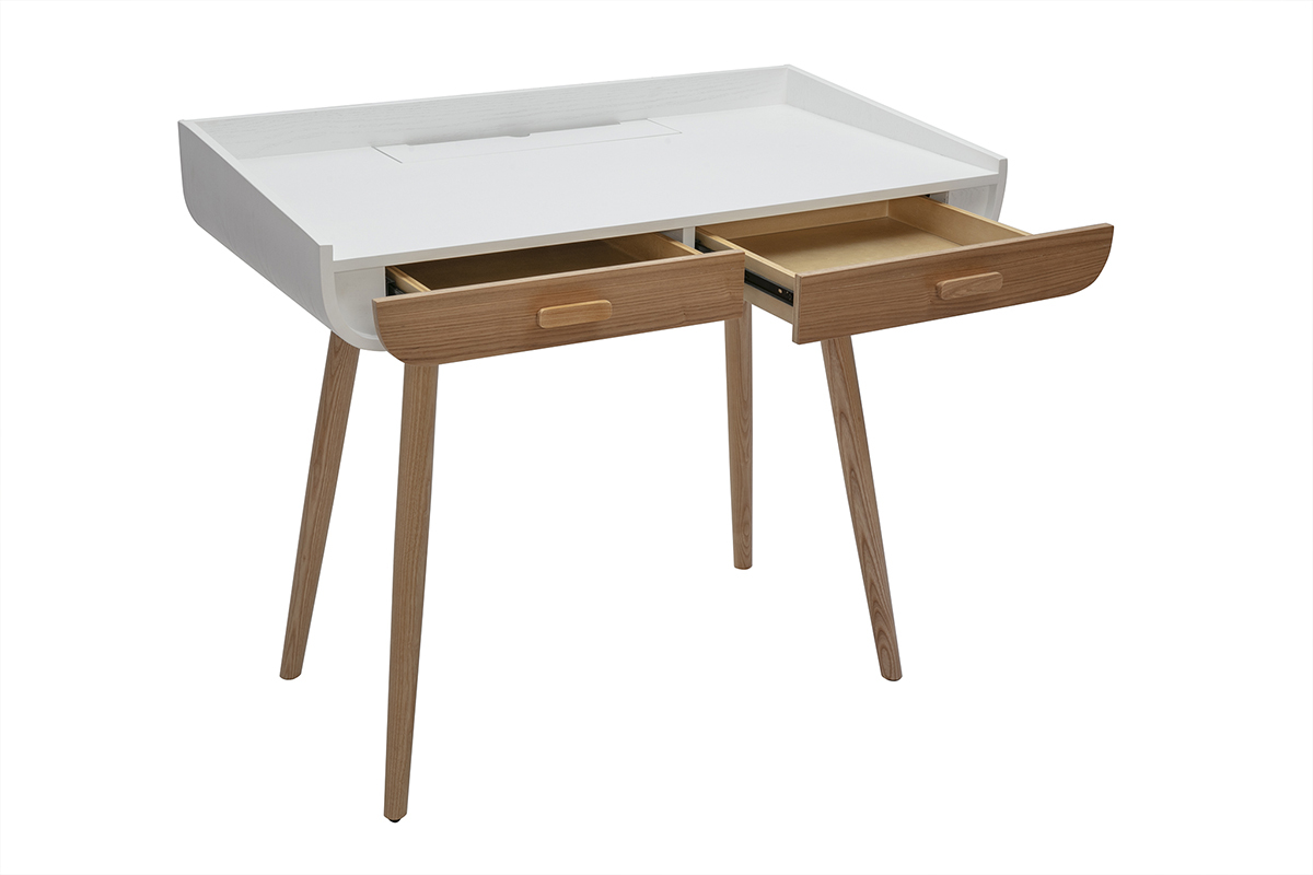 Escritorio escandinavo blanco y madera clara con almacenamiento 2 cajones L100 cm HALLEN