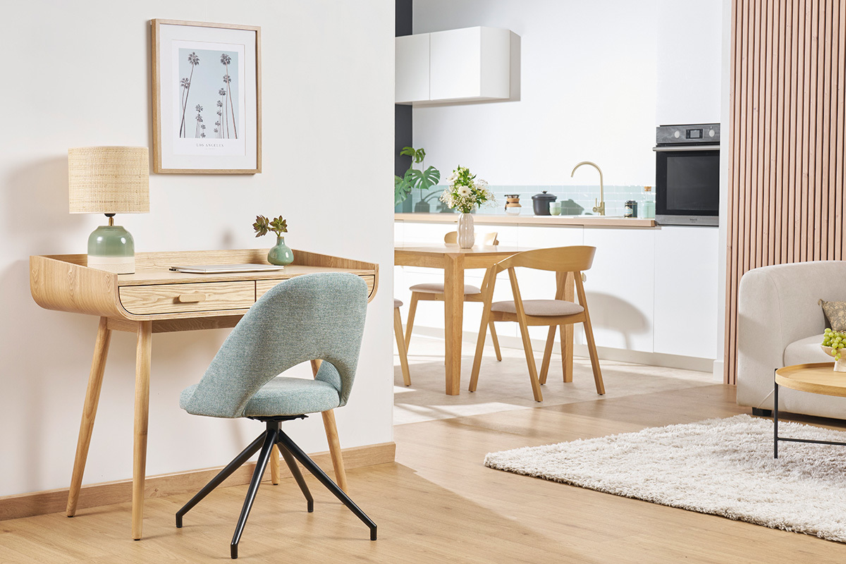 Escritorio escandinavo blanco y madera clara con almacenamiento 2 cajones L100 cm HALLEN