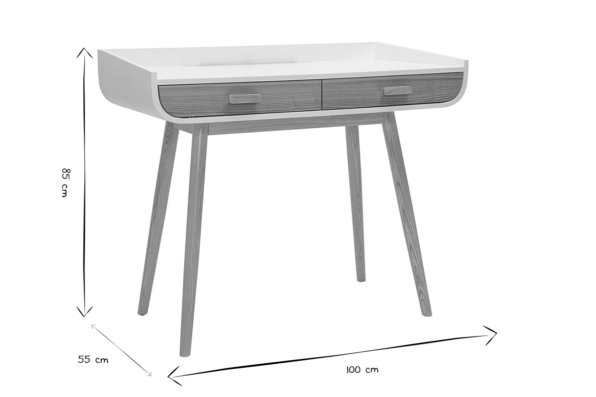 Escritorio escandinavo blanco y madera clara con almacenamiento 2 cajones L100 cm HALLEN