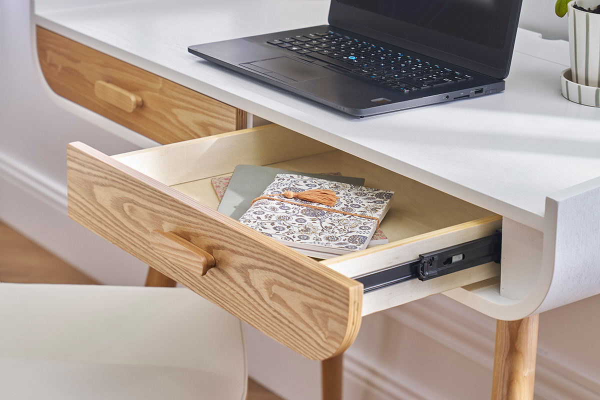 Escritorio escandinavo blanco y madera clara con almacenamiento 2 cajones L100 cm HALLEN