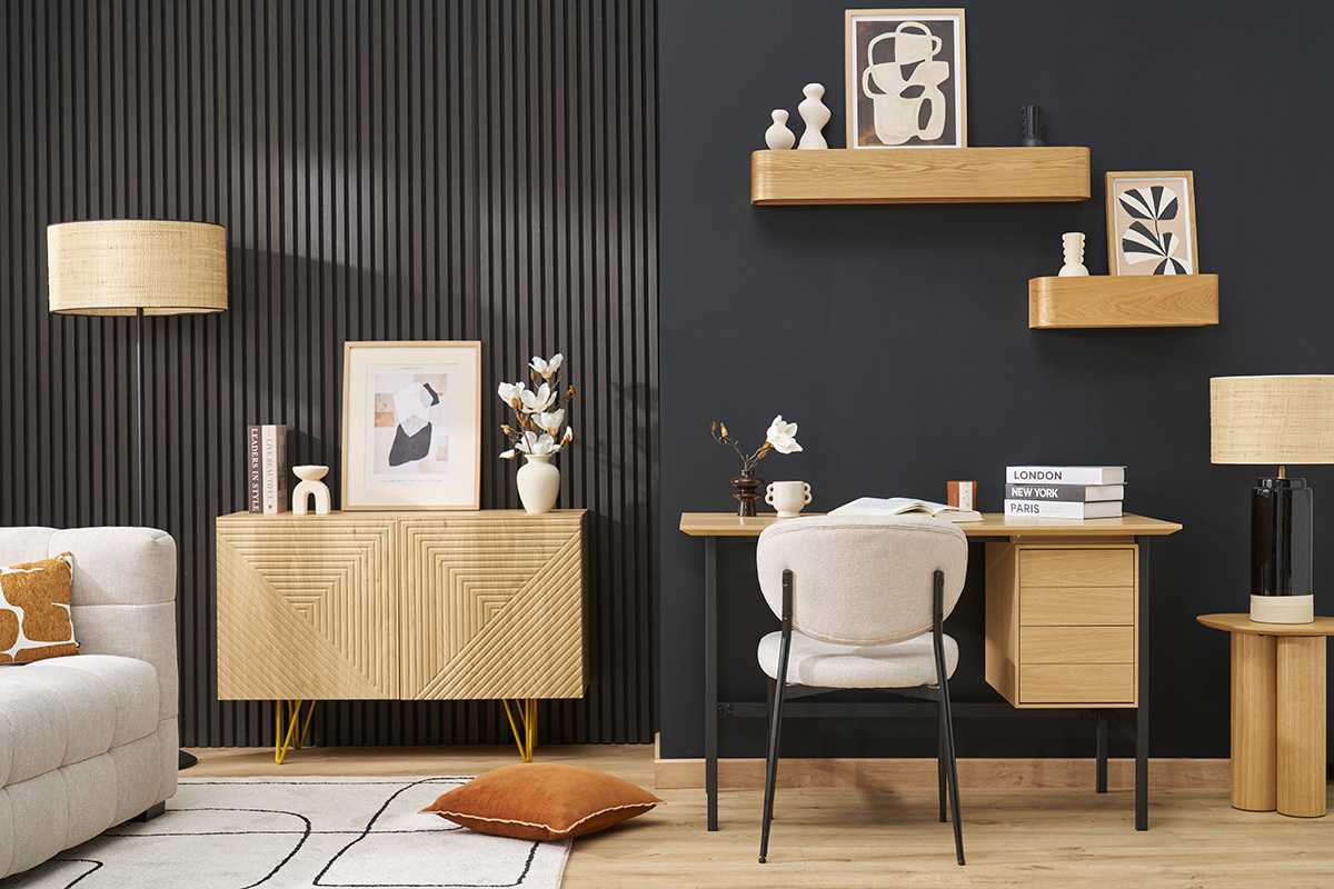 Escritorio industrial acabado en madera de roble y metal negro con 2 cajones L120 cm MAXENCE