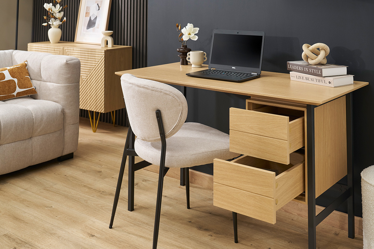 Escritorio industrial acabado en madera de roble y metal negro con 2 cajones L120 cm MAXENCE