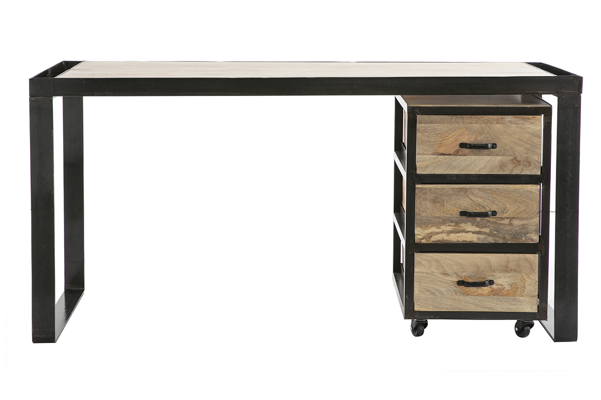 Escritorio industrial con cajonera mvil en mango macizo L156 cm INDUSTRIA
