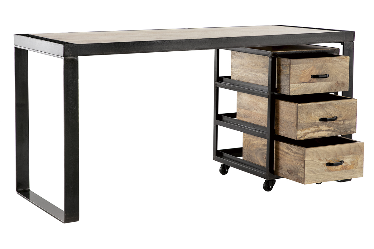 Escritorio industrial con cajonera mvil en mango macizo L156 cm INDUSTRIA
