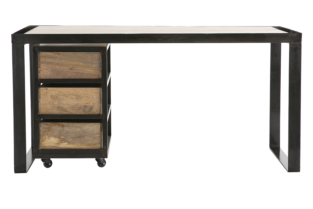 Escritorio industrial con cajonera mvil en mango macizo L156 cm INDUSTRIA