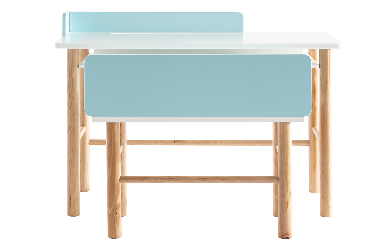 Escritorio infantil con banco azul y madera clara BERTY