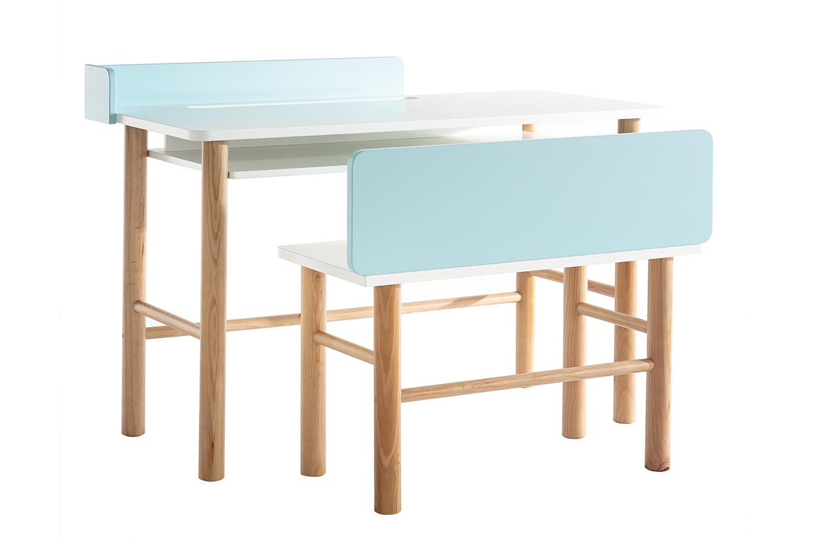 Escritorio infantil con banco azul y madera clara BERTY