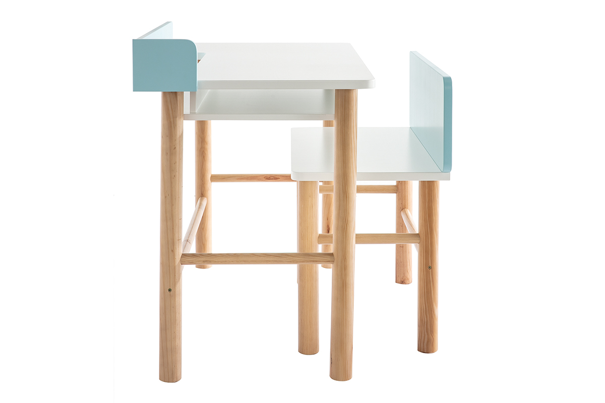 Escritorio infantil con banco azul y madera clara BERTY