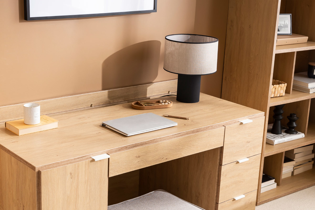 Escritorio moderno madera y blanco con compartimento y cajones 140cm GALLO