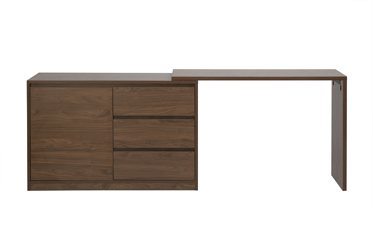 Escritorio modular de madera de nogal oscuro, vista frontal con extensiones desplegadas.