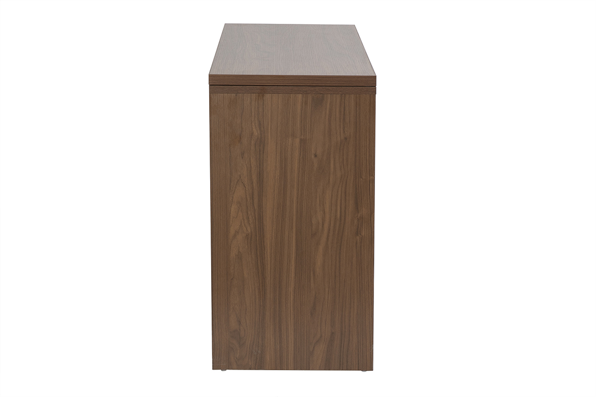 Vista de perfil del escritorio modular con acabado de madera oscura nogal, dimensiones L110-200.5 cm.