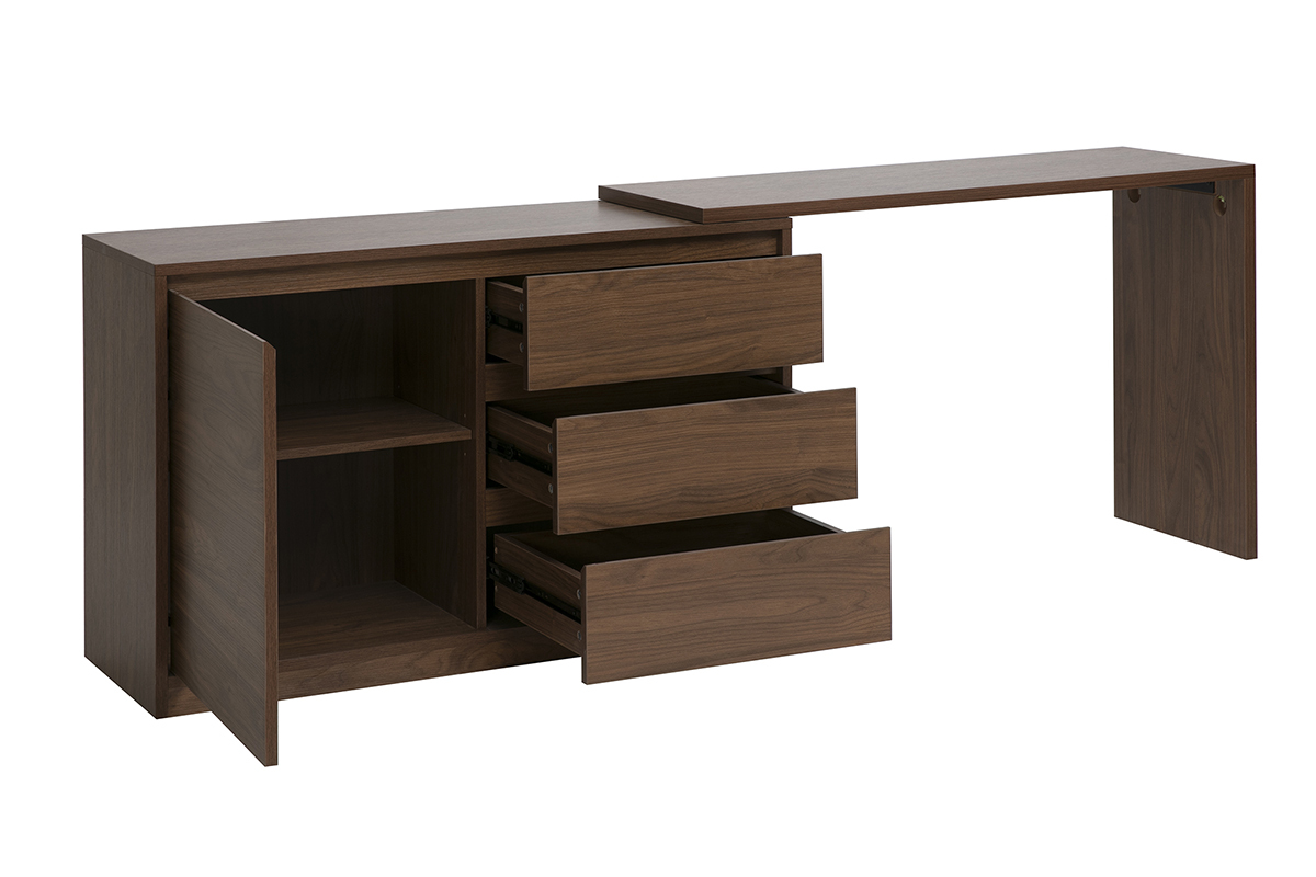 Escritorio modular de madera oscura nogal con extensi�n y almacenaje abierto, vista en tres cuartos.