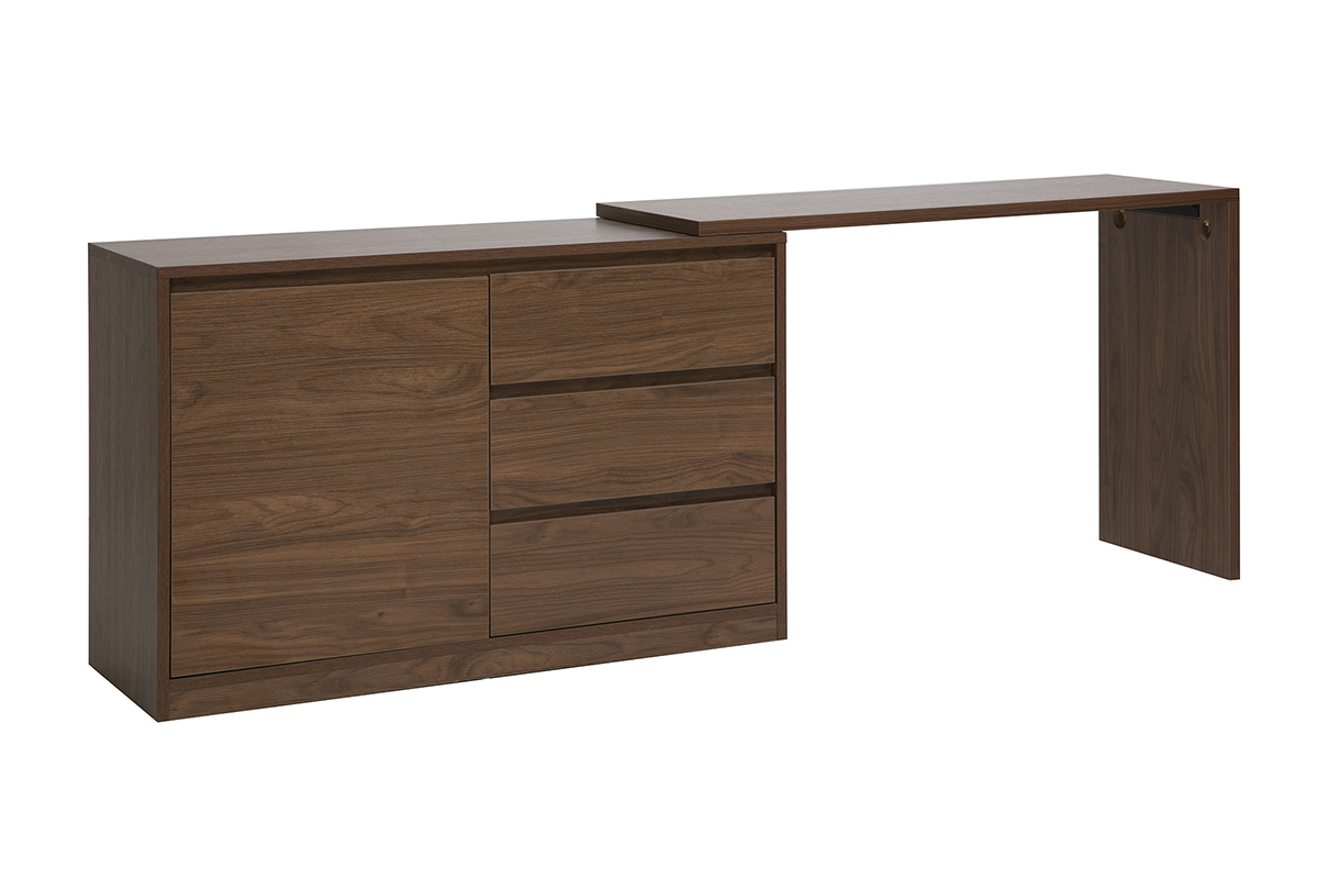 Escritorio modular con acabado en madera oscura de nogal, vista en 3/4 con extensi�n deslizante.