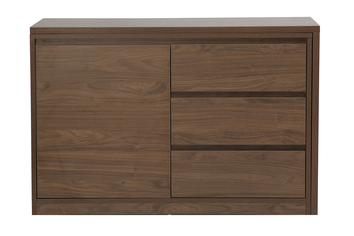Escritorio modular acabado en madera oscura nogal, vista frontal con cajones y puerta abierta