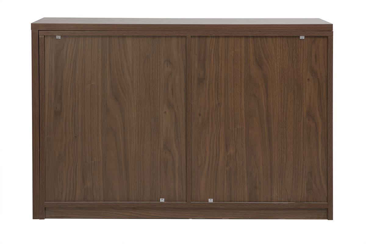 Escritorio modular de madera oscura nogal, vista trasera con dos puertas cerradas.