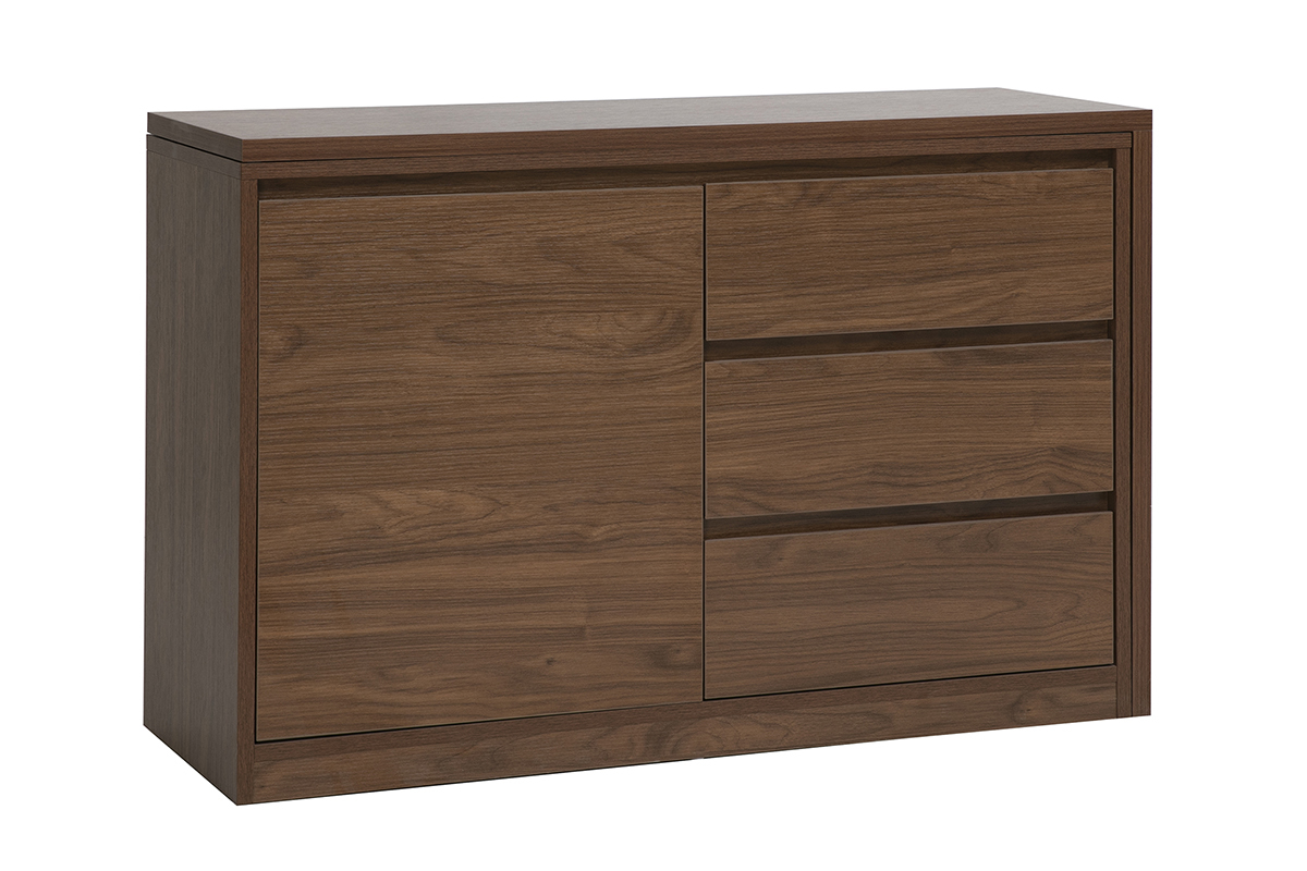 Escritorio modular de madera de nogal oscuro, vista de 3/4, 2 puertas y 3 cajones