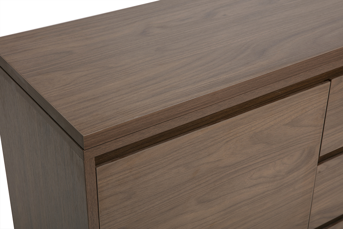 Escritorio modular de madera oscura de nogal, vista superior, con acabado liso y almacenamiento integrado.