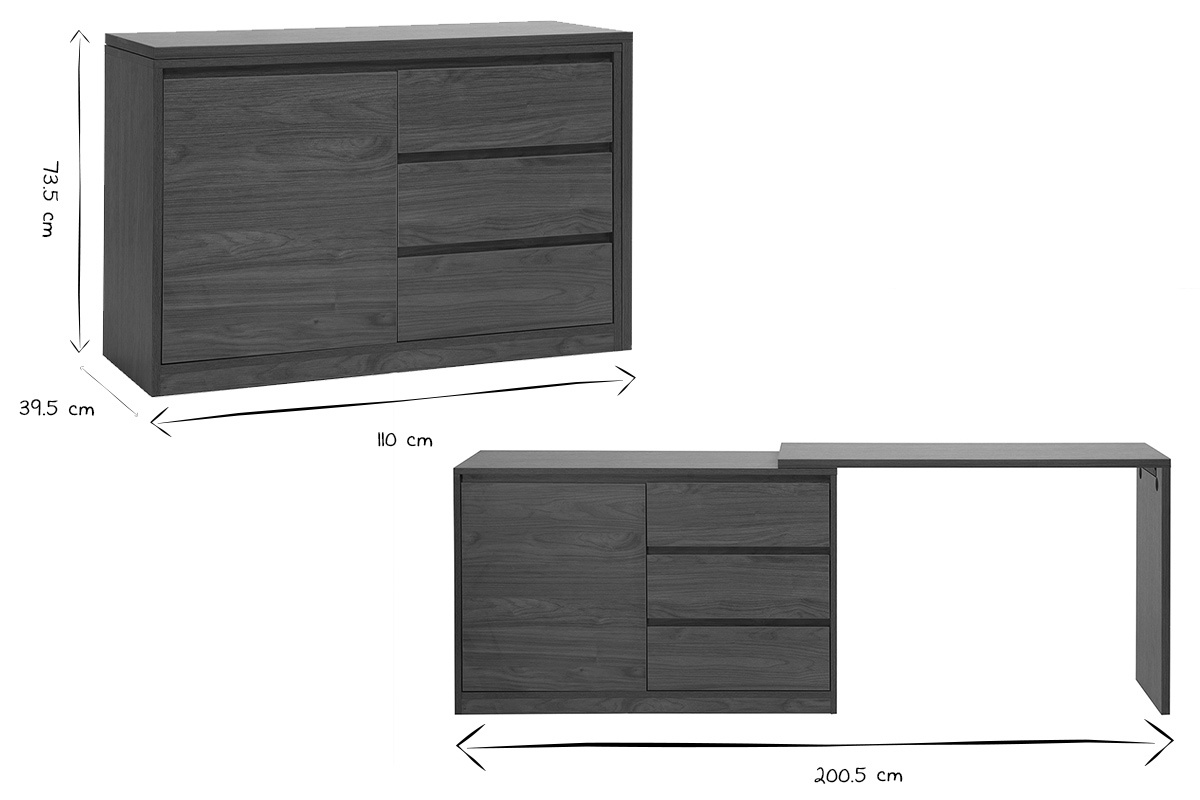 Dimensiones del escritorio modular CONRAD en blanco y negro: 110 cm a 200.5 cm de largo, 39.5 cm de ancho, 73.5 cm de alto.