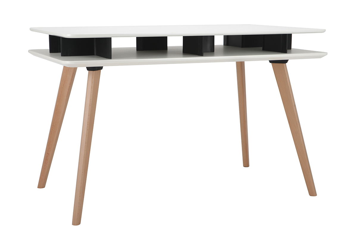 Escritorio nrdico blanco y negro con almacenaje y patas en madera LEVY