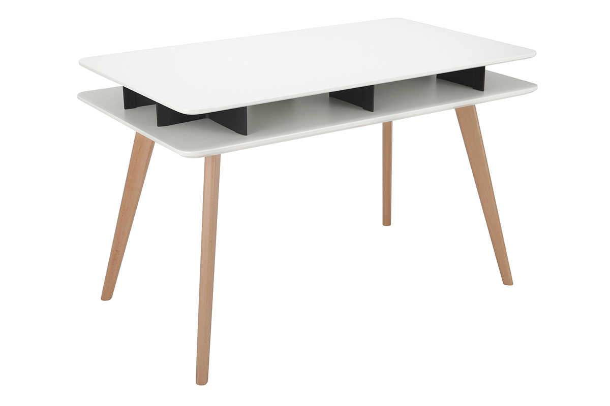 Escritorio nrdico blanco y negro con almacenaje y patas en madera LEVY