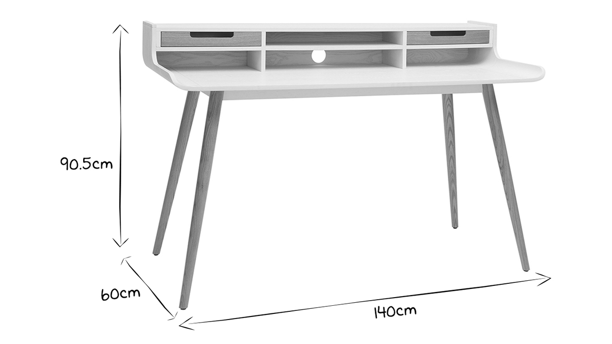 Escritorio nrdico madera y blanco 2 cajones L140 cm OPUS