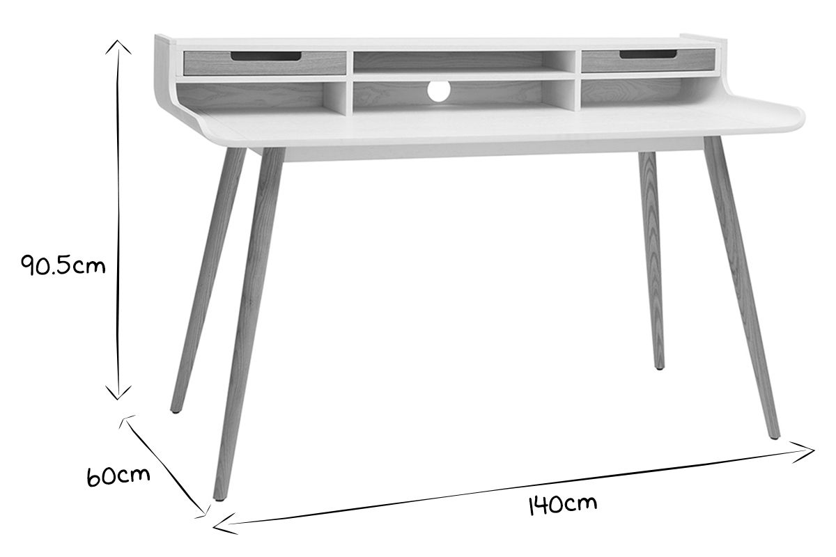 Escritorio nrdico madera y blanco 2 cajones L140 cm OPUS