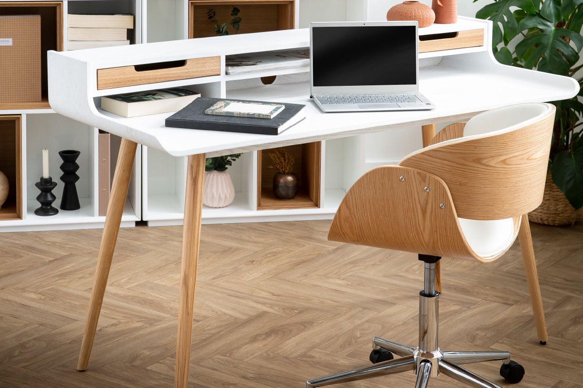 Escritorio nrdico madera y blanco 2 cajones L140 cm OPUS