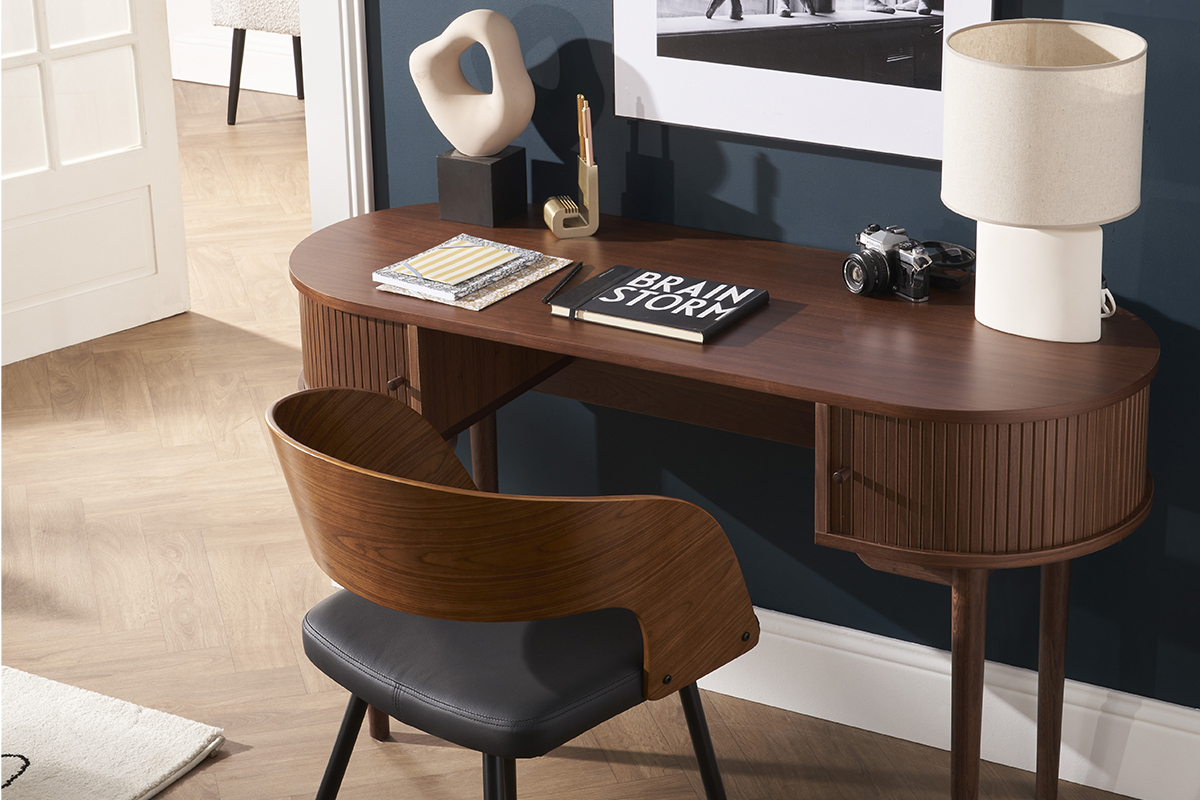 Escritorio vintage con almacenaje y puertas correderas de madera oscura 130 cm EPIC