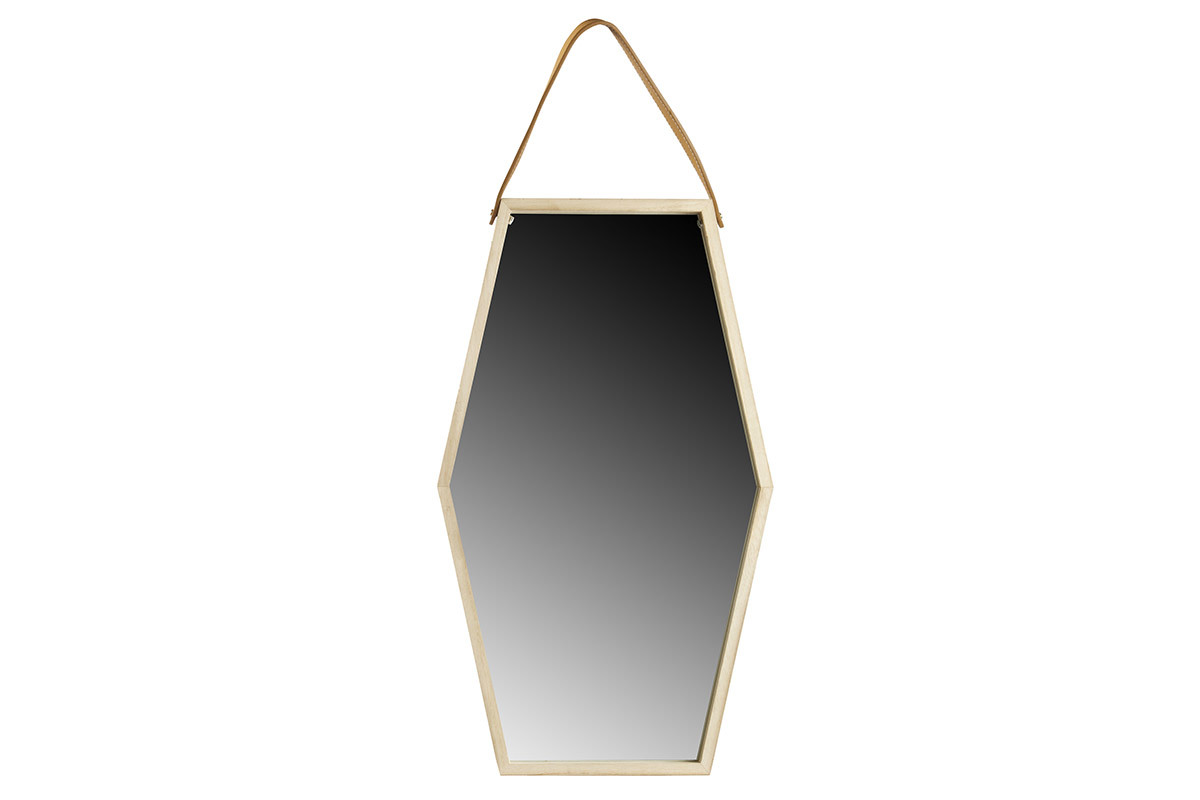 Espejo de pared hexagonal madera y cuero 55x32cm HEXA