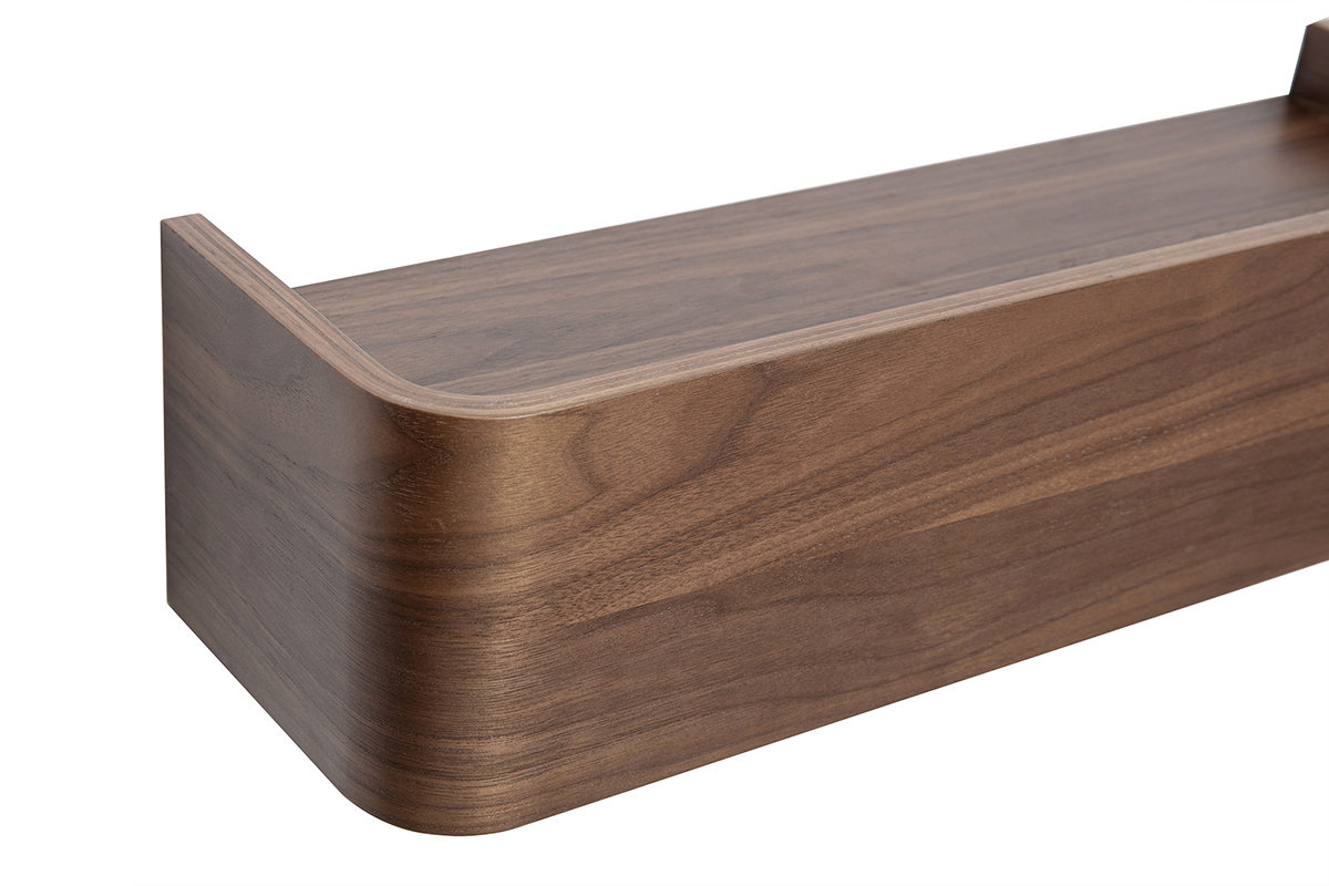 Estanter�a de pared de madera de nogal oscuro, vista lateral ampliada.