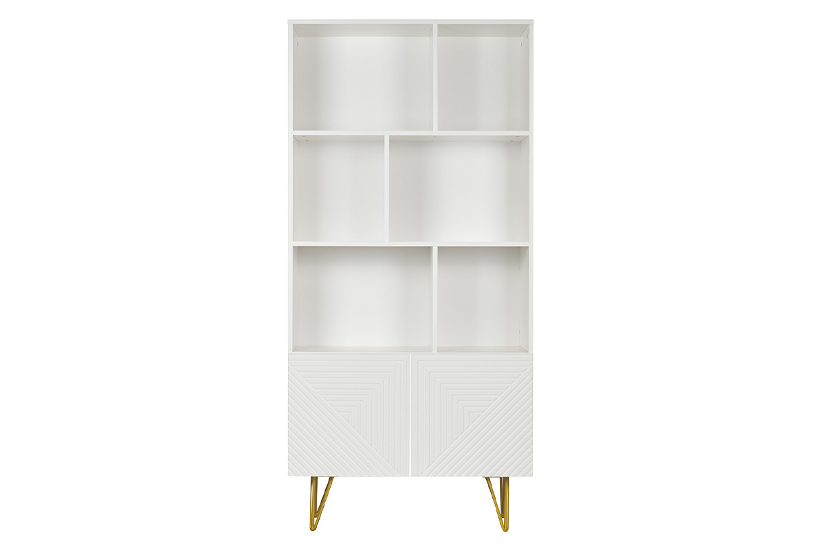 Estantera de diseo con grabados blanco mate y metal dorado con 2 puertas 86 cm OZEN