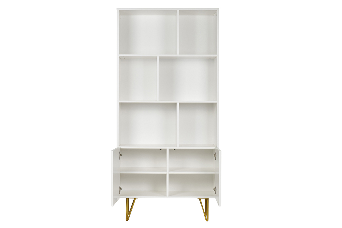 Estantera de diseo con grabados blanco mate y metal dorado con 2 puertas 86 cm OZEN