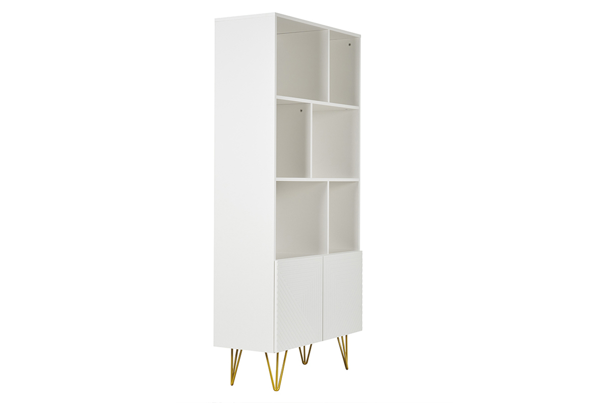 Estantera de diseo con grabados blanco mate y metal dorado con 2 puertas 86 cm OZEN