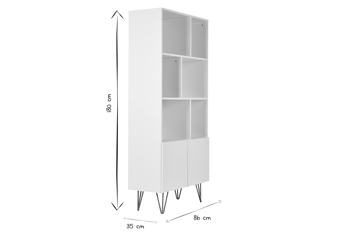Estantera de diseo con grabados blanco mate y metal dorado con 2 puertas 86 cm OZEN