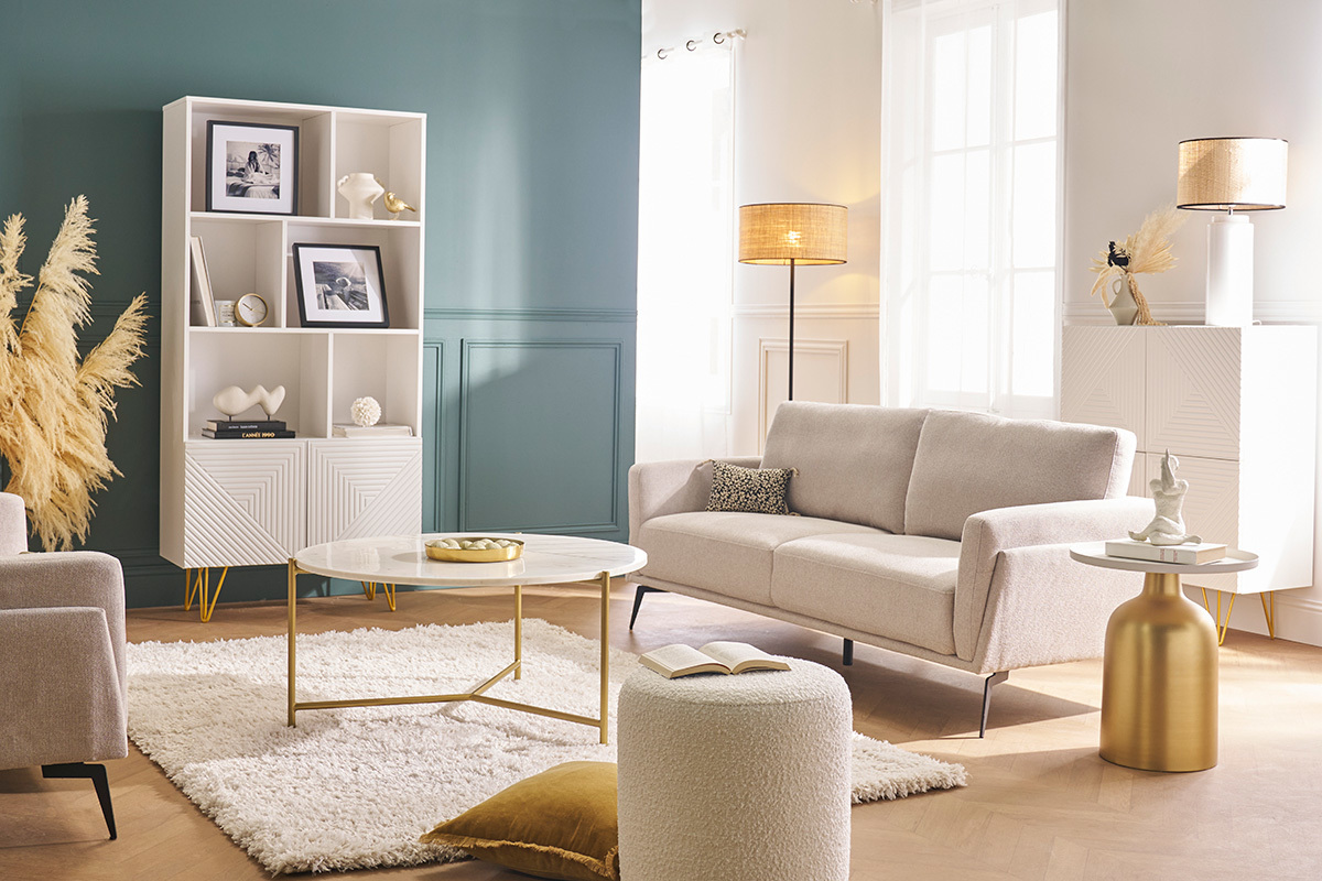 Estantera de diseo con grabados blanco mate y metal dorado con 2 puertas 86 cm OZEN