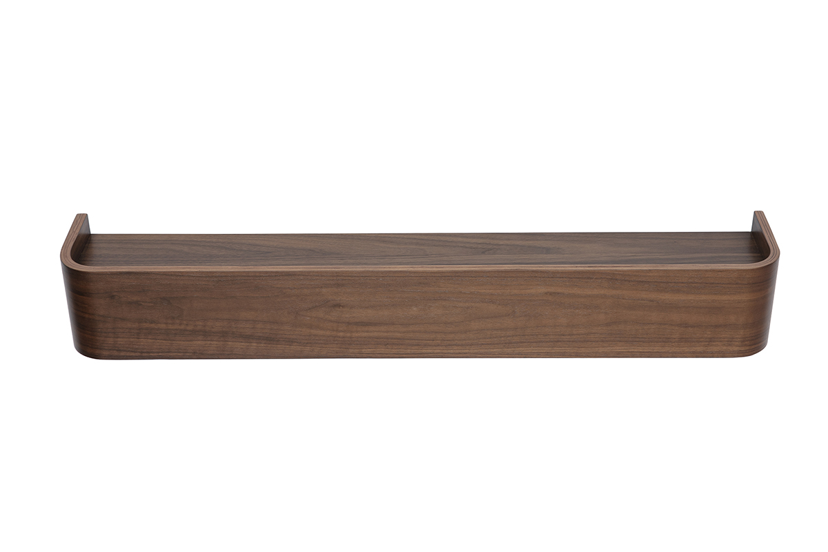 Estanter�a de pared de madera oscura de nogal con bordes curvados, vista frontal.