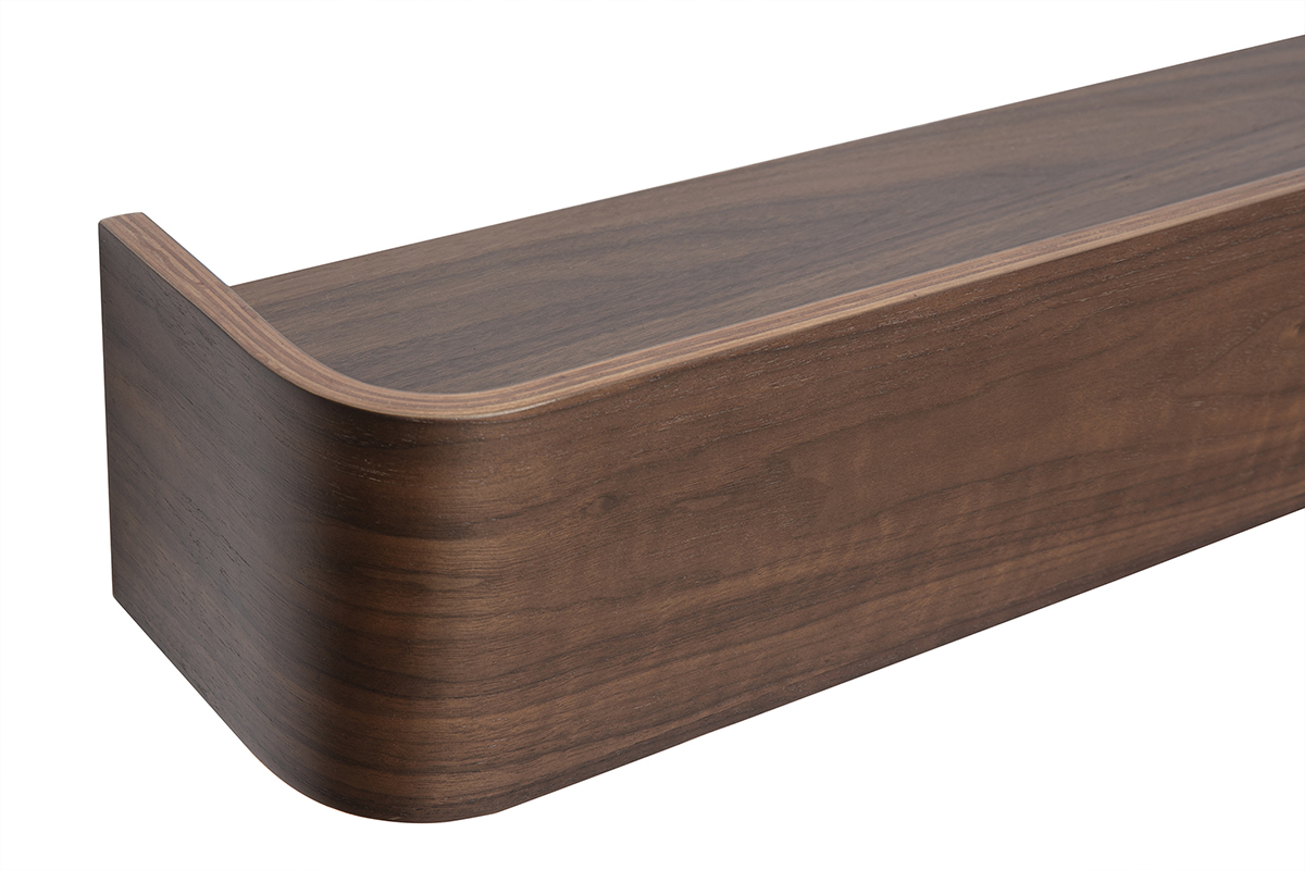 Estanter�a de pared de madera oscura de nogal con bordes curvados, vista lateral ampliada.