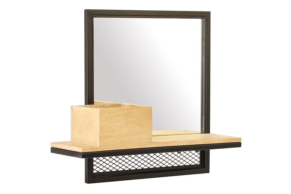 Estantera de pared industrial con espejo en metal y mango macizo L50 cm RACK