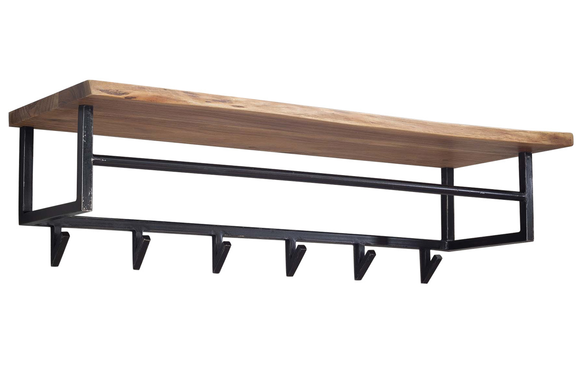 Estantera de pared - perchero industrial en madera maciza y metal negro LORD