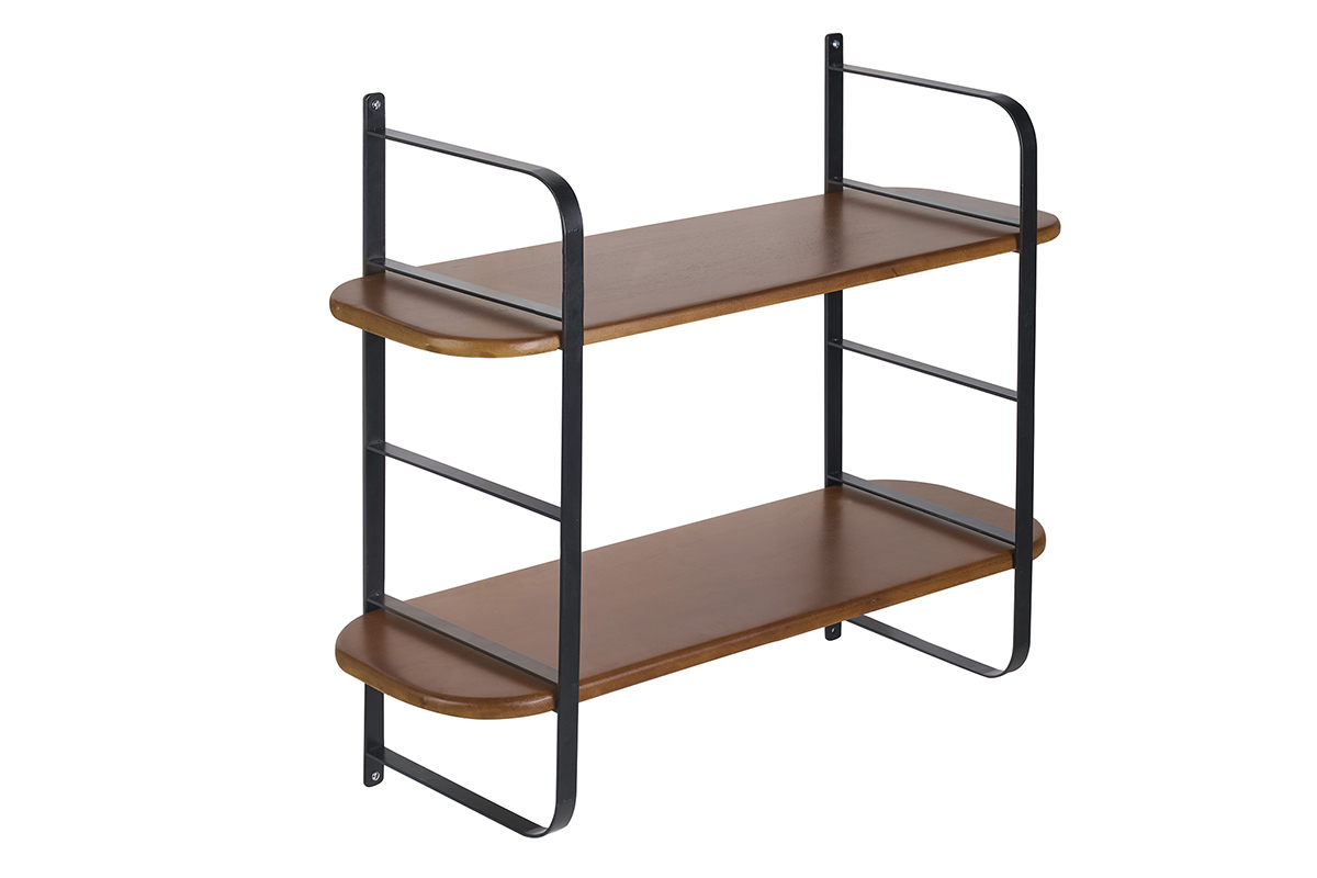 Estanter�a mural de madera de mango y metal negro, vista en 3/4, de dos niveles.